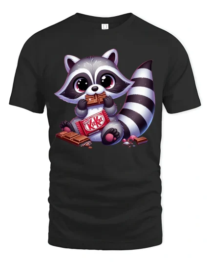 Cute Raccoon Chocolate Lover Cartoon Graphic Tee Sweet Cozy Fun - black t-shirt on white background