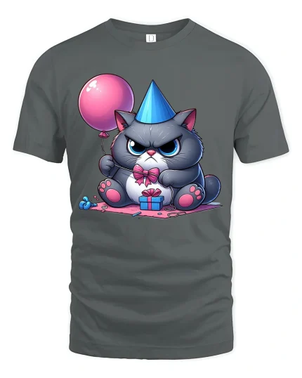 Grumpy Birthday Cat Balloon Gift Graphic Tee Cute Funny Mood - gray t-shirt on white background