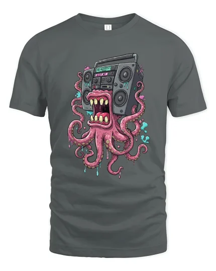 Boombox Octopus Monster Graphic Tee Loud Music Street Art - gray t-shirt on white background