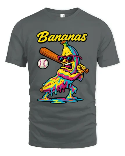 Bananas Baseball Slugger Melting Art Graphic Tee Funny Sports Vibe - gray t-shirt on white background