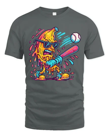 Melting Banana Baseball Swing Graphic Tee Crazy Funny Sports Art - gray t-shirt on white background