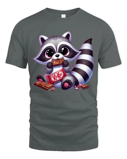 Cute Raccoon Chocolate Lover Cartoon Graphic Tee Sweet Cozy Fun - gray t-shirt on white background