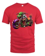 Mad Joker Biker Monster Graphic Tee Wild Street Chaos Style - red t-shirt on white background