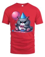 Grumpy Birthday Cat Balloon Gift Graphic Tee Cute Funny Mood - red t-shirt on white background