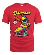 Bananas Baseball Slugger Melting Art Graphic Tee Funny Sports Vibe - red t-shirt on white background