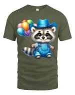 Cute Cowboy Raccoon Balloon Graphic Tee Adorable Party Vibes - military green t-shirt on white background