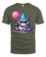 Grumpy Birthday Cat Balloon Gift Graphic Tee Cute Funny Mood - military green t-shirt on white background