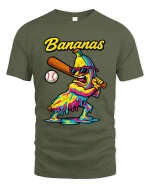 Bananas Baseball Slugger Melting Art Graphic Tee Funny Sports Vibe - military green t-shirt on white background