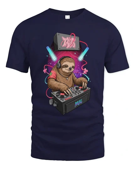DJ Sloth Mixing Beats Graphic Tee Chill Music Party Vibes - navy t-shirt on white background