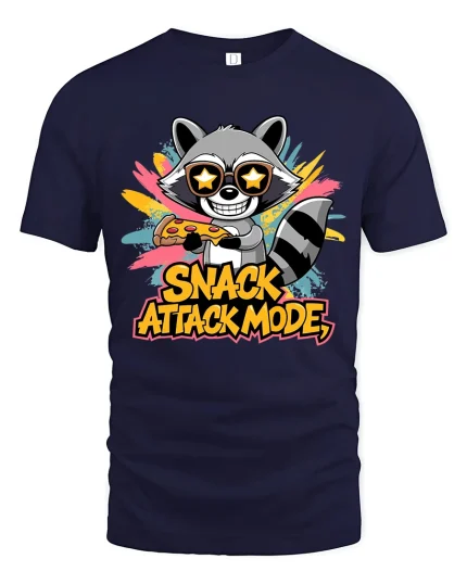 Snack Attack Mode Raccoon Pizza Graphic Tee Funny Food Vibes - navy t-shirt on white background