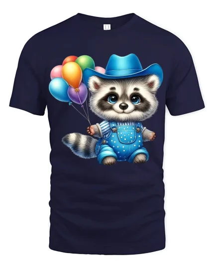Cute Cowboy Raccoon Balloon Graphic Tee Adorable Party Vibes - navy t-shirt on white background