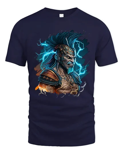 Thunder Rage Viking Warrior Graphic Tee Electric Power Style - navy t-shirt on white background