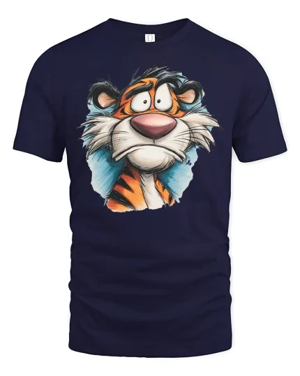 Funny Confused Tiger Face Cartoon Graphic Tee Playful Wild Mood - navy t-shirt on white background