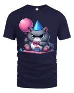 Grumpy Birthday Cat Balloon Gift Graphic Tee Cute Funny Mood - navy t-shirt on white background