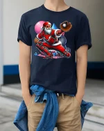 Grumpy Birthday Cat Balloon Gift Graphic Tee Cute Funny Mood - model wearing navy tee with hands in pockets