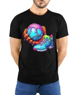 Sweet Heat Baseball Donut Art Graphic Tee Street Style Vibes - model wearing black tee with hands behind back