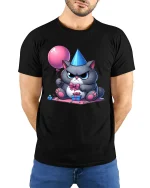 Grumpy Birthday Cat Balloon Gift Graphic Tee Cute Funny Mood - model wearing black tee with hands behind back