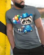 Cute Cowboy Raccoon Balloon Graphic Tee Adorable Party Vibes - model wearing grey tee, leaning on column
