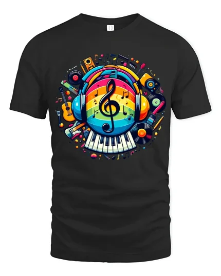 Colorful Music Vibes Graphic T Shirt With Creative Sound Energy - black t-shirt on white background