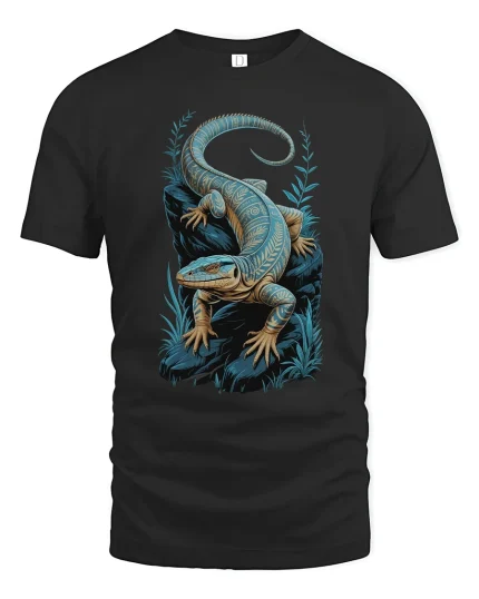 Tribal Blue Lizard T Shirt With Mystical Jungle Art Style - black t-shirt on white background