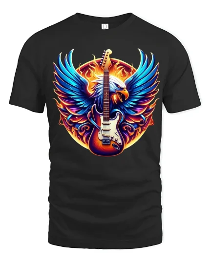 Epic Flaming Guitar Eagle T Shirt With Rock Music Power Art - black t-shirt on white background