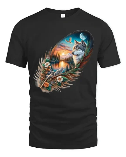 Mystic Wolf Feather T Shirt With Moonlit Forest Nature Art - black t-shirt on white background