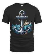 Nautical Anchor T Shirt With Ocean Waves And Sailing Spirit - black t-shirt on white background