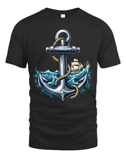 Nautical Anchor T Shirt With Ocean Waves And Sailing Spirit - black t-shirt on white background
