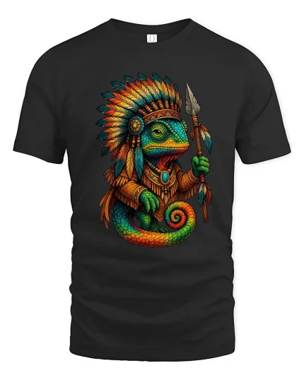 Tribal Chameleon Warrior Graphic T Shirt With Bold Ancient Spirit - black t-shirt on white background