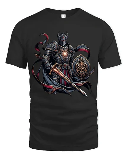 Dark Knight Warrior Tee With Epic Fantasy Armor And Blade Art - black t-shirt on white background