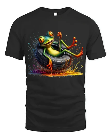 Funny Relaxed Frog Tee With Color Splash Cartoon Adventure Art - black t-shirt on white background