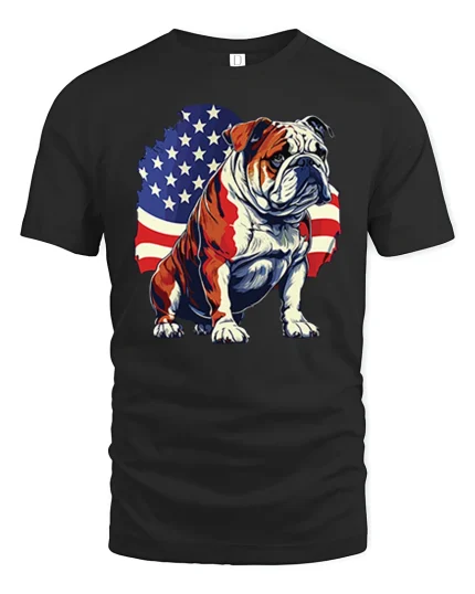 Patriotic Bulldog Tee With American Flag Power And Bold Pride - black t-shirt on white background