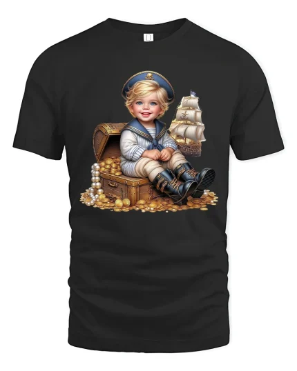 Cute Little Sailor Treasure Graphic T Shirt With Vintage Adventure - black t-shirt on white background