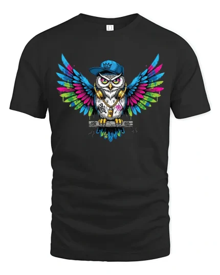 Urban Owl Street Art Graphic T Shirt With Colorful Hip Hop Style - black t-shirt on white background