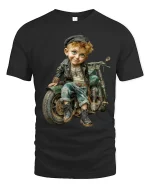 Vintage Rebel Kid Motorcycle Graphic T Shirt With Cool Retro Vibe - black t-shirt on white background