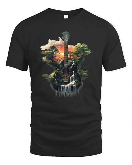 Nature Guitar Harmony Graphic T Shirt With Forest Music Soul - black t-shirt on white background