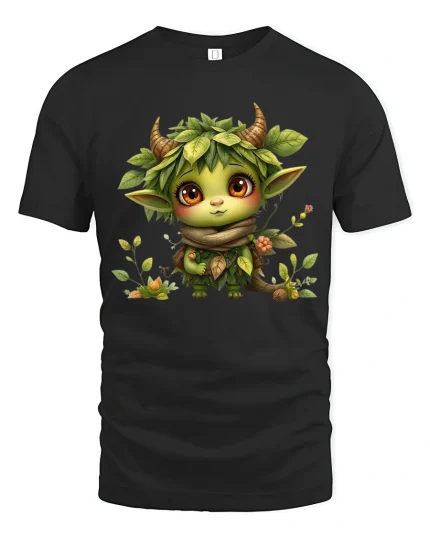 Cute Forest Goblin Fantasy T Shirt With Nature Spirit Charm Art - black t-shirt on white background