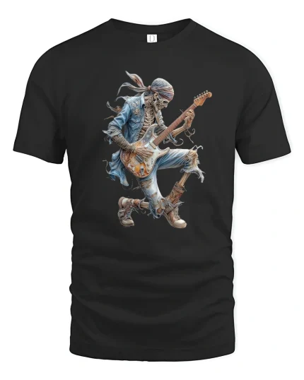 Rocking Skeleton Guitarist T Shirt With Epic Electric Music Art - black t-shirt on white background