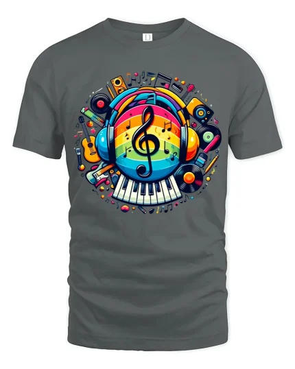Colorful Music Vibes Graphic T Shirt With Creative Sound Energy - gray t-shirt on white background