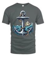 Nautical Anchor T Shirt With Ocean Waves And Sailing Spirit - gray t-shirt on white background