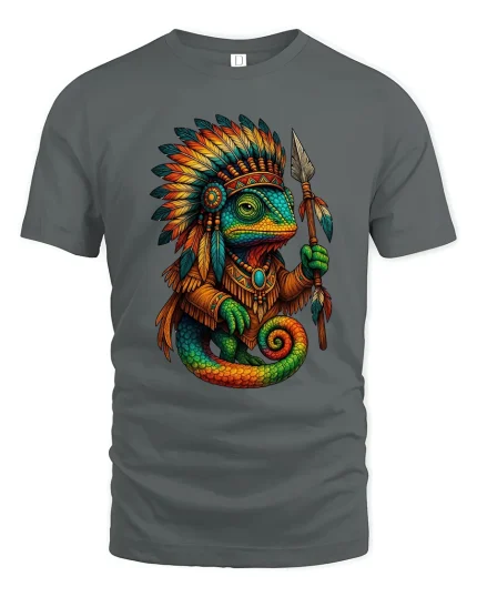 Tribal Chameleon Warrior Graphic T Shirt With Bold Ancient Spirit - gray t-shirt on white background