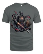 Dark Knight Warrior Tee With Epic Fantasy Armor And Blade Art - gray t-shirt on white background