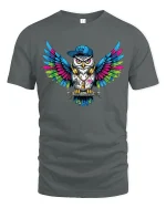 Urban Owl Street Art Graphic T Shirt With Colorful Hip Hop Style - gray t-shirt on white background