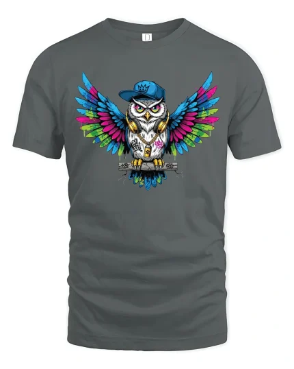 Urban Owl Street Art Graphic T Shirt With Colorful Hip Hop Style - gray t-shirt on white background