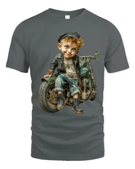 Vintage Rebel Kid Motorcycle Graphic T Shirt With Cool Retro Vibe - gray t-shirt on white background