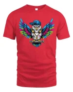 Urban Owl Street Art Graphic T Shirt With Colorful Hip Hop Style - red t-shirt on white background