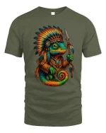 Tribal Chameleon Warrior Graphic T Shirt With Bold Ancient Spirit - military green t-shirt on white background