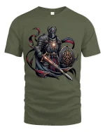 Dark Knight Warrior Tee With Epic Fantasy Armor And Blade Art - military green t-shirt on white background