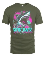 Bite Back Shark Tee With Neon Graffiti Art And Fierce Attitude - military green t-shirt on white background