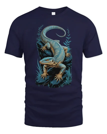 Tribal Blue Lizard T Shirt With Mystical Jungle Art Style - navy t-shirt on white background